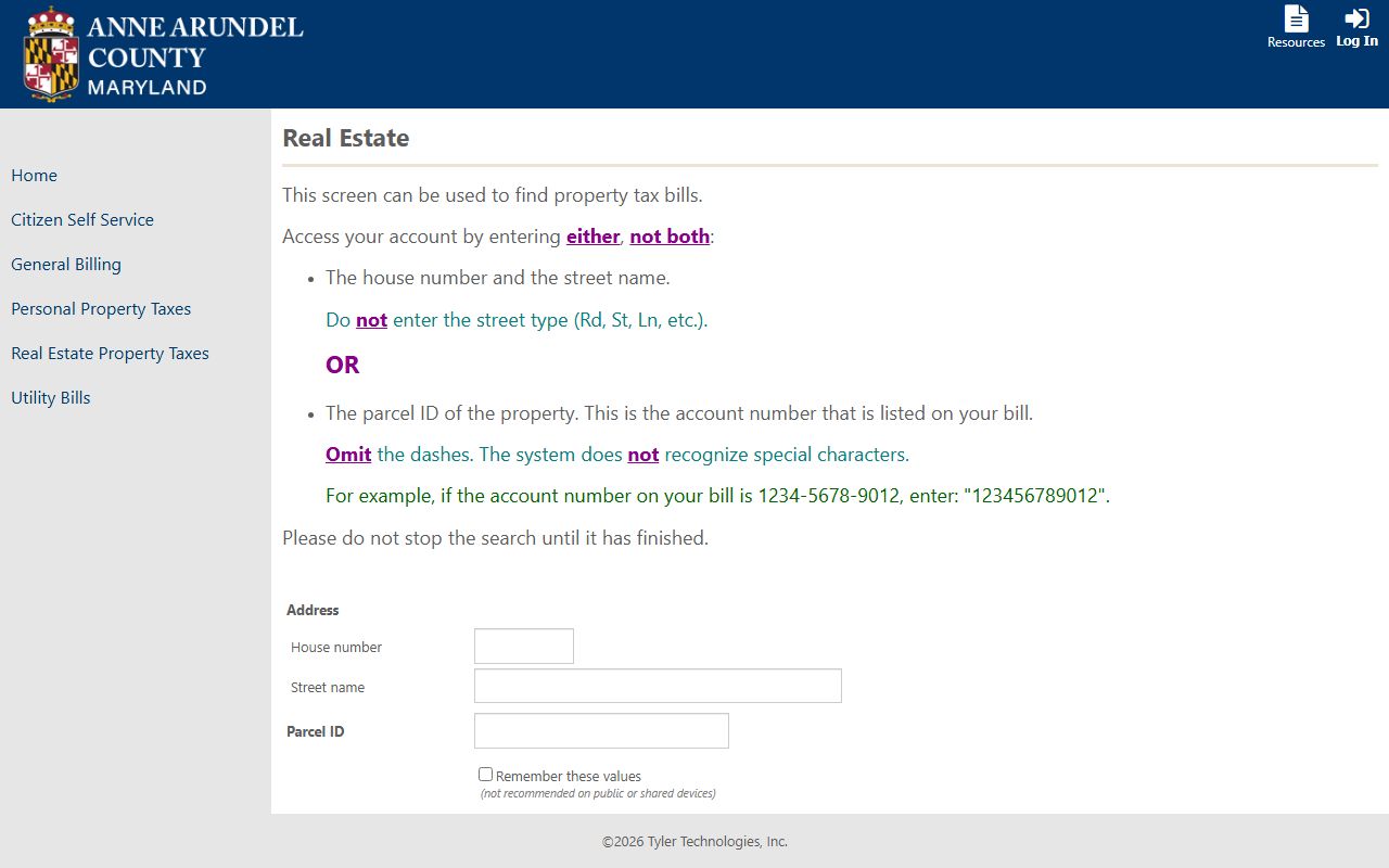 Anne Arundel County MUNIS tax portal for Glen Burnie property records