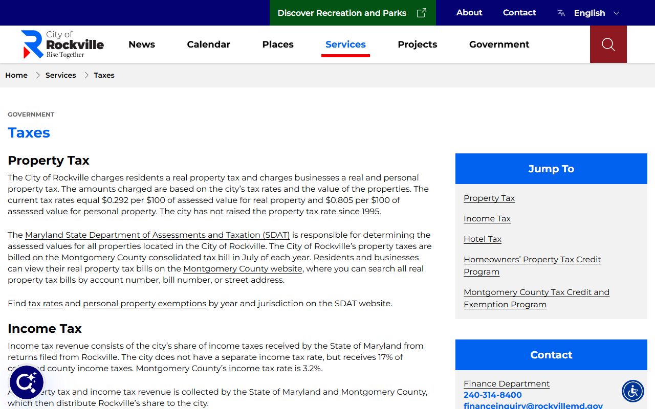 Rockville city tax information page for Rockville property records