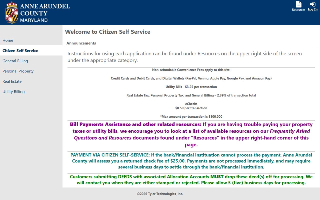Anne Arundel MUNIS self-service portal for Anne Arundel County property records