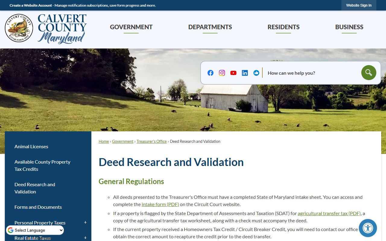 Calvert County deed research and validation page for Calvert County property records