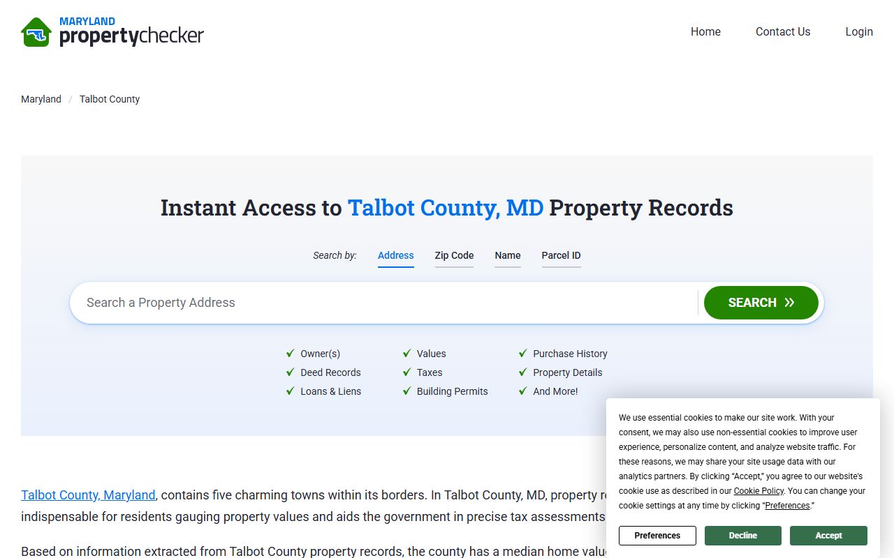 Talbot County property statistics for property records research