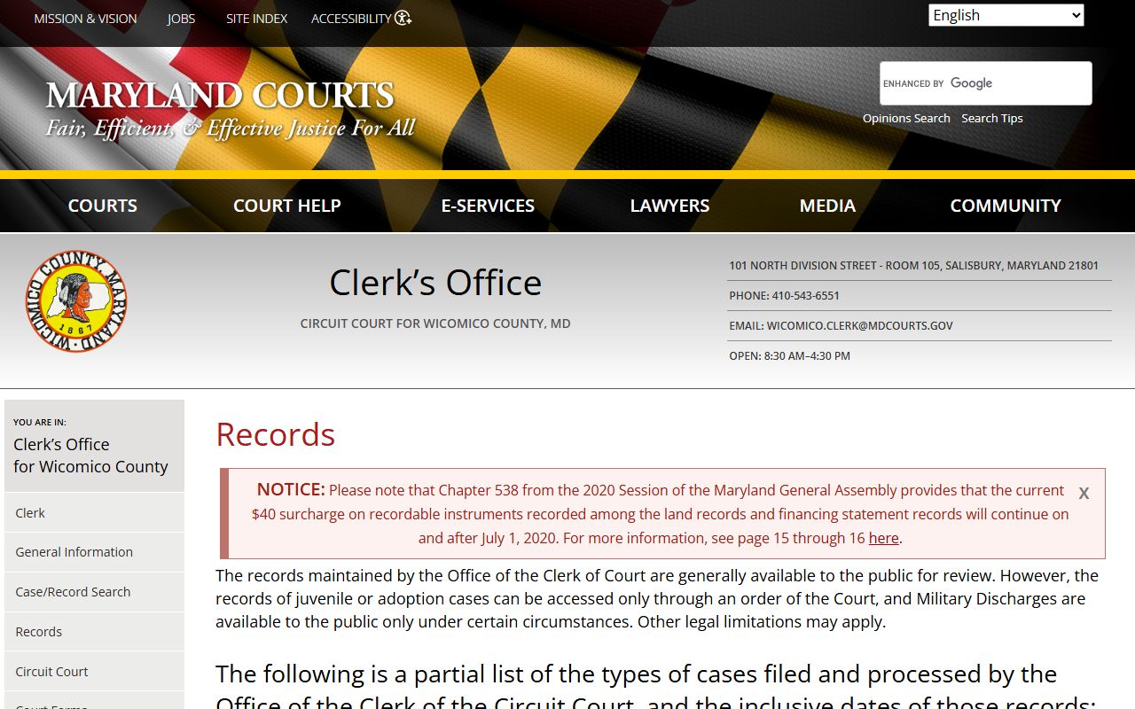 Wicomico County Clerk records page for property records