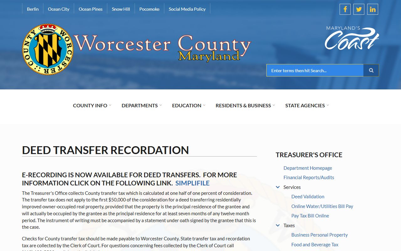Worcester County Treasurer transfer tax for property recording